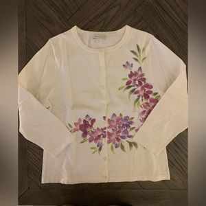 Garnet Hill Cream Cardigan with Purple Floral Design